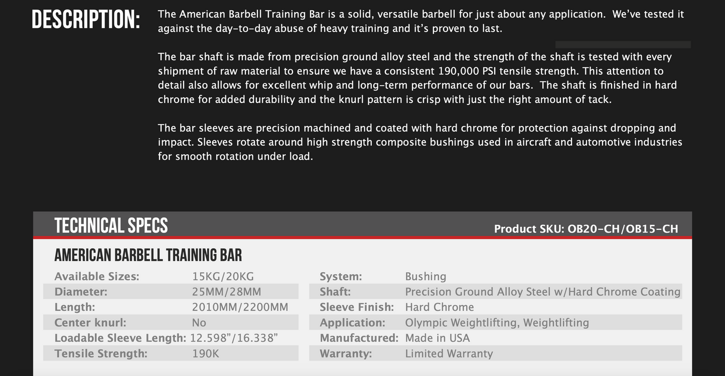 American Barbell 20kg Training Bar, Made in the USA