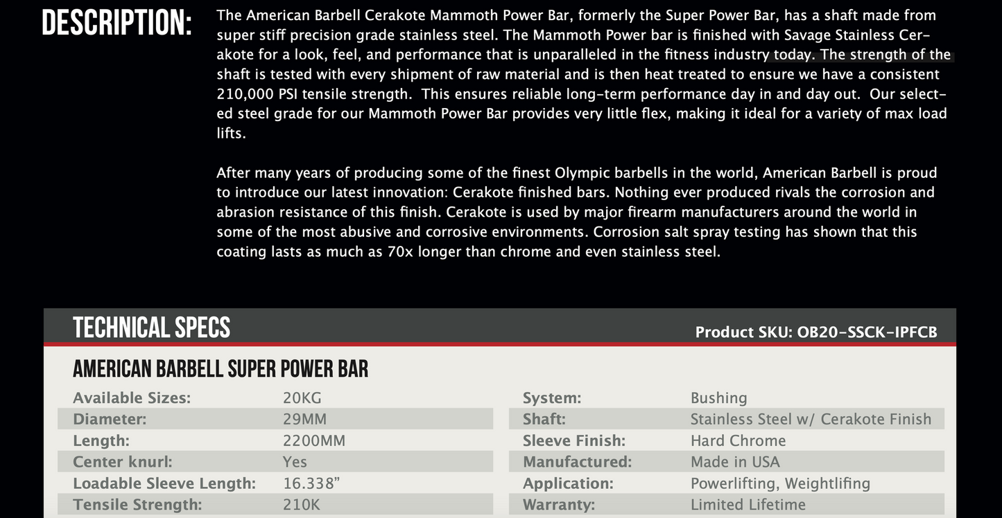 American Barbell Elite Smoke Cerakote Mammoth Power Bar